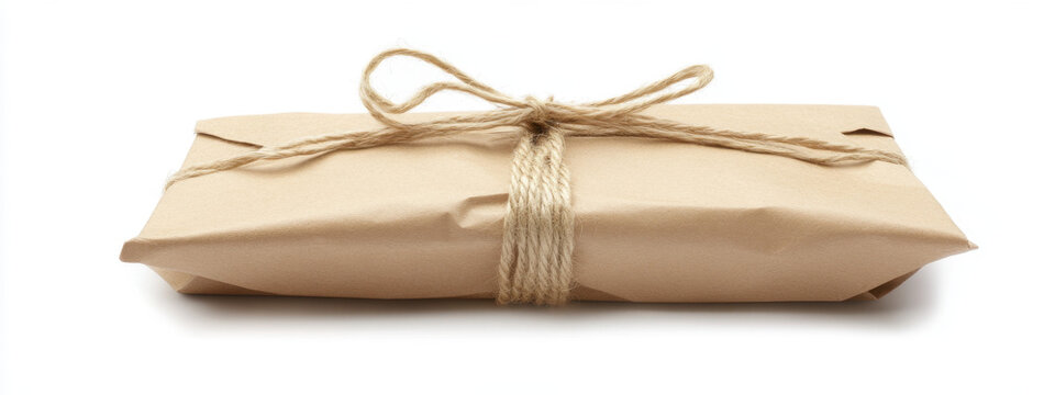 A neatly wrapped parcel in brown paper tied with twine, creating a rustic and nostalgic look.