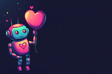 Fototapeta premium A colorful cartoon robot holding a heart-shaped balloon against a dark background, symbolizing love