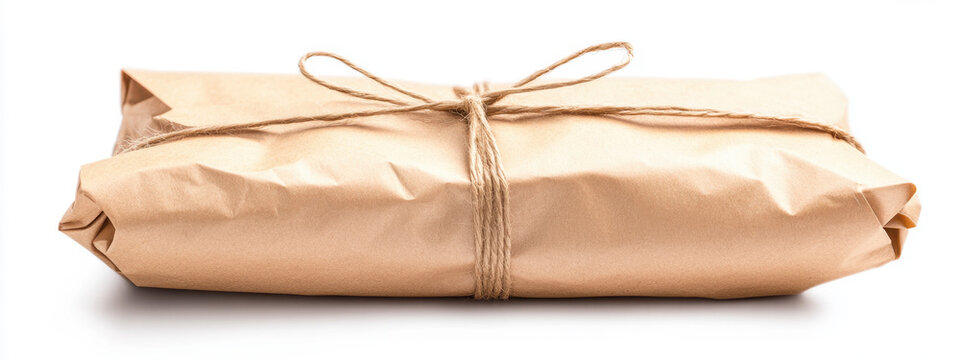A neatly wrapped brown paper package tied with string, evoking a vintage and rustic charm against a white background.