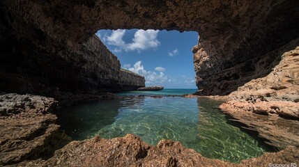 Coastal cave opening, turquoise water, sunny sky