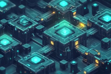 A Captivating Isometric Illustration of a High-Tech Security Concept with Sharp Edges and Cool Lighting, Featuring an Abstract Pattern and Futuristic Background