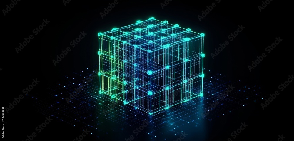 Leinwandbilder Glowing Cube Network Data Visualization