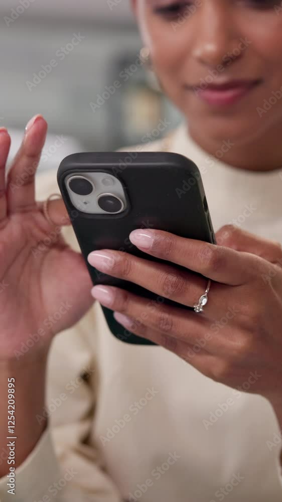 Leinwandbilder Hands, phone and contact at warehouse for shipping, texting or distribution on mobile app at company. Person, smartphone and scroll with email, e commerce or notification on web at logistics startup