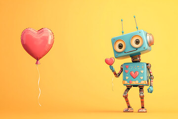 Fototapeta premium Colorful robot holding a heart-shaped balloon in a cheerful setting with a bright yellow background