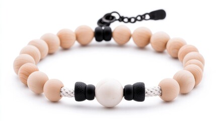 Obraz premium Wooden bead bracelet with white pearl, white background, jewelry detail