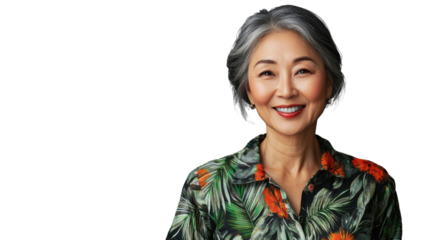 Smiling senior woman with grey hair posing on transparent background
