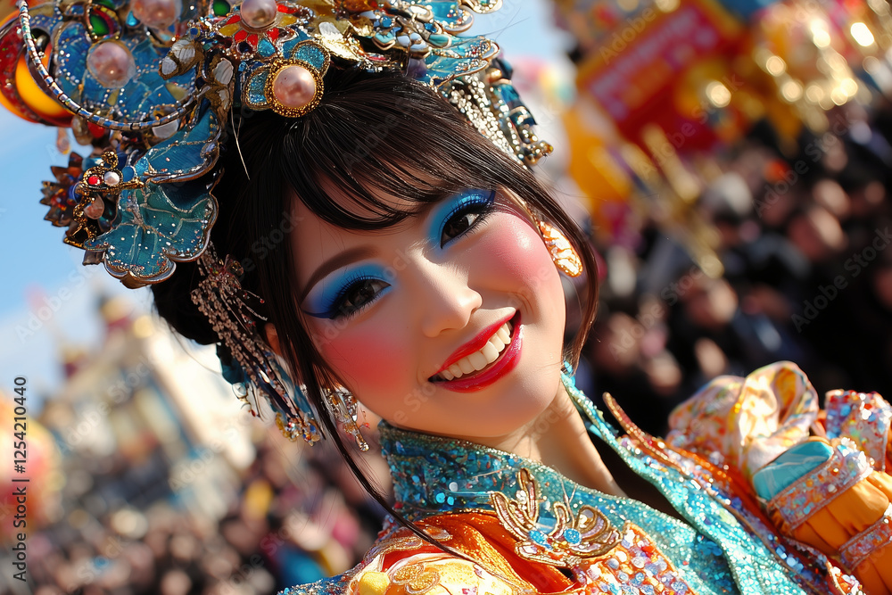 Wall mural Chinese Traditional Costume: A Vibrant Celebration of Culture and Beauty. This captivating portrait showcases a woman in a stunning traditional Chinese festival costume, radiating joy and elegance.