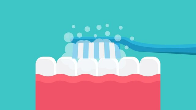 Blue toothbrush gently brushing white teeth with toothpaste. animation oral hygiene, dental care, morning routine concepts for healthrelated