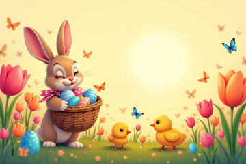 A cheerful Easter bunny carries a basket of colorful eggs while two chicks play on a vibrant spring morning among blooming tulips and fluttering butterflies. Generative AI.