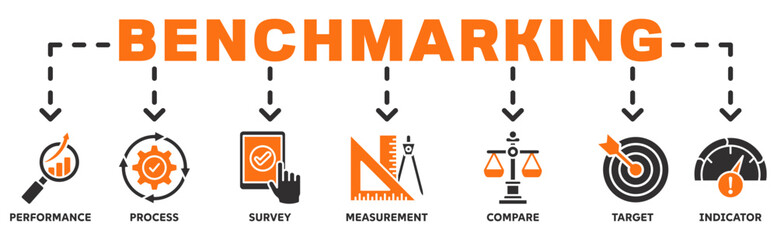 Benchmarking icon vector illustration banner web of performance, process, survey, measurement, compare, target, and indicator 