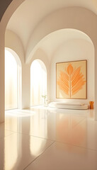 Fototapeta premium A bright, minimalist interior space featuring large arched windows allowing natural light to flood in. The walls are white, and there is a large artwork of an orange leaf on the wall.