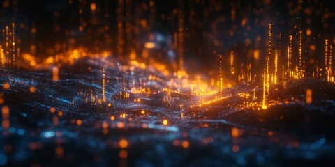 Glowing digital landscape, particles falling, dark background, tech concept