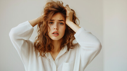 Fototapeta premium Overwhelmed and Stressed: A Woman's Portrait of Anxiety and Tension