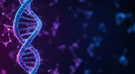 Purple blue DNA double helix structure or molecule. Gene therapy, CRISPR gene editing. Treatment of blood cancer and hereditary diseases. Sustainable science, eco friendly technology. Copy space.