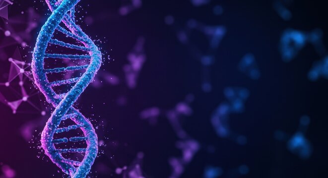 Purple blue DNA double helix structure or molecule. Gene therapy, CRISPR gene editing. Treatment of blood cancer and hereditary diseases. Sustainable science, eco friendly technology. Copy space.