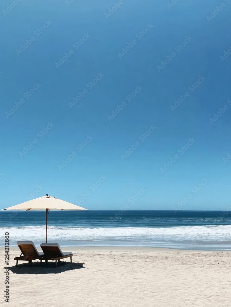 Aufkleber relaxing at a minimalistic beach with lounge chairs and gentle ocean waves under a clear blue sky. g