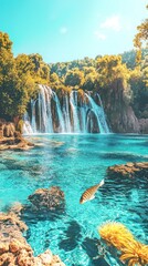Serene waterfall, turquoise pool, lush forest. Outdoor nature, peaceful scene