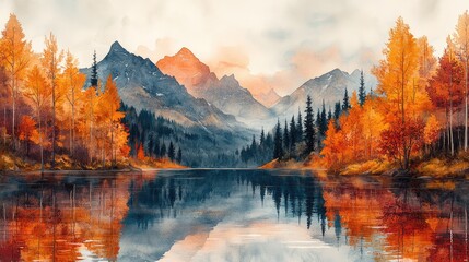 Obraz premium A serene autumn landscape featuring mountains, vibrant trees, and a reflective lake.