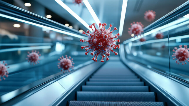 virus model is depicted floating above escalator, symbolizing spread of germs in public spaces. image highlights importance of hygiene in crowded areas
