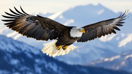 Obraz premium A rare bird, an eagle, soaring in the sky with its wings spread wide against a backdrop of snow-capped