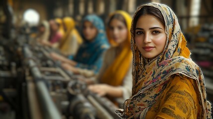 Obraz premium Textile factory in Lahore lower class women in simple cotton sarees working at machines while elite women in fine clothing visit for charity highlighting the stark contrast between their lives