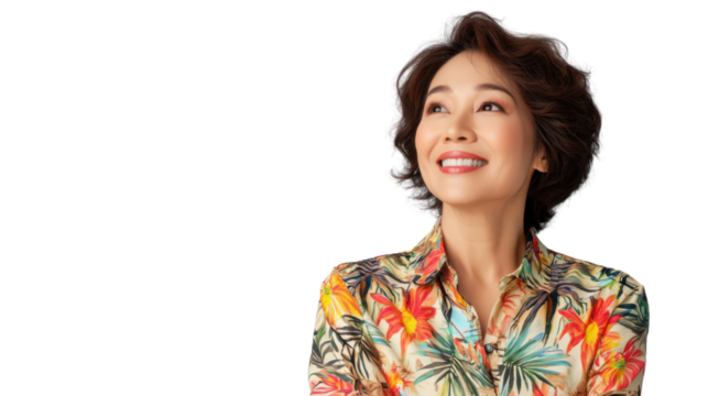 Smiling woman looking up on transparent background