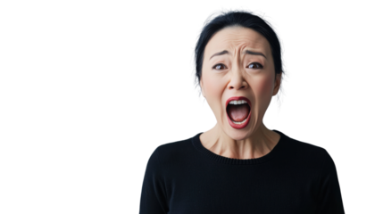 Angry asian woman shouting with transparent background