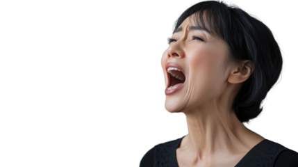 Woman shouting with transparent background: expressing extreme emotion