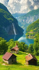 Fototapeta premium Alpine lake village with waterfall