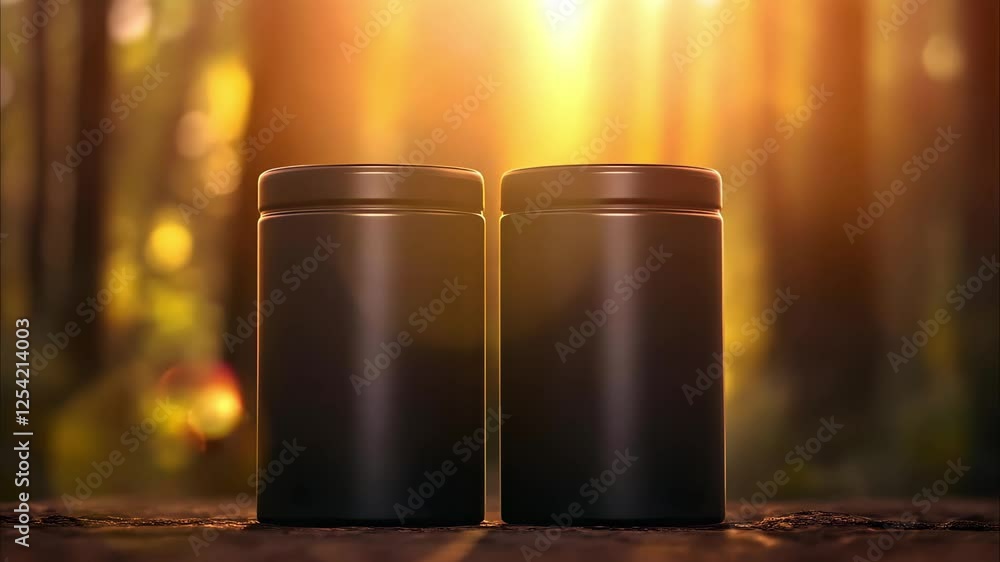Poster two dark jars are positioned side by side, illuminated by warm sunlight filtering through a forest b