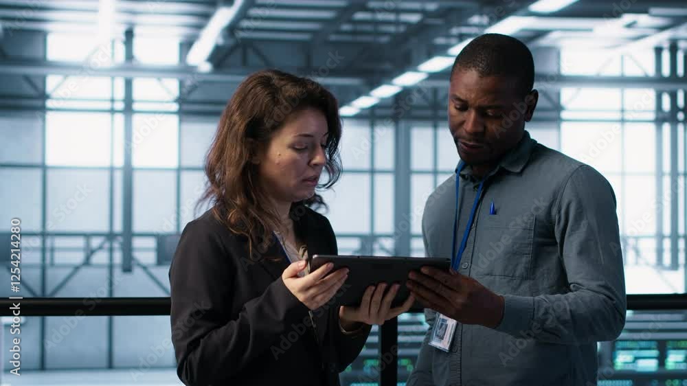 Poster computer scientists in data center using tablet to develop disaster recovery plans. it professionals