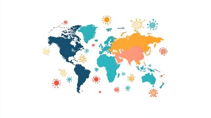 Fototapeta premium Virus floating on world map flat design front view, Epidemiology illustration Front view Bright.