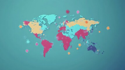 Obraz premium Virus floating on world map flat design front view, Epidemiology illustration Front view Bright.