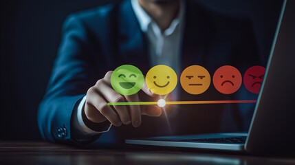 Customer Experience Analysis Concept. A businessman adjusts emoji ratings on a digital interface, showcasing real-time customer feedback management.