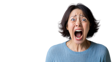 Stressed asian woman screaming with transparent background