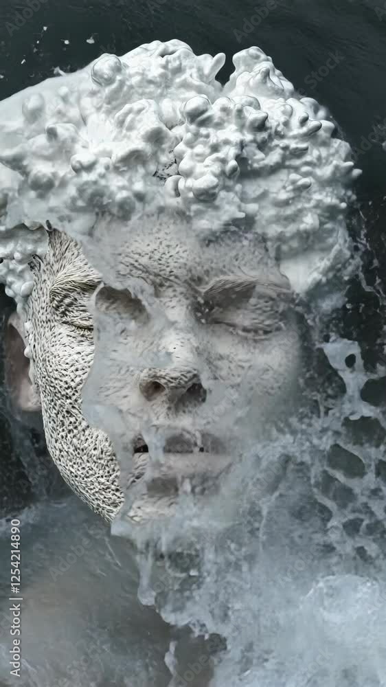 Poster unique artistic representation of a face emerging through water and foam in a captivating display of