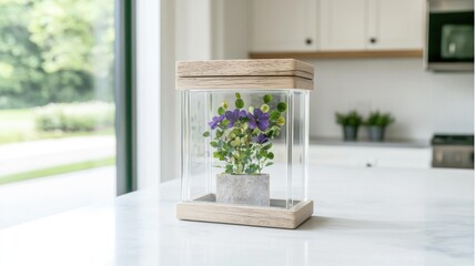 Wooden Display Case with Flowers. Kitchen Setting. Display