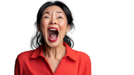 Angry asian businesswoman screaming with transparent background