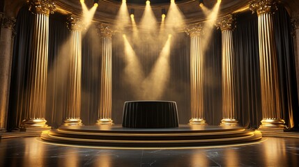 Luxurious Award Ceremony Stage with Black Velvet and Gold Trims. Copy space. Generative AI