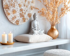 A tranquil clean bedroom in pastel shades suitable for meditation