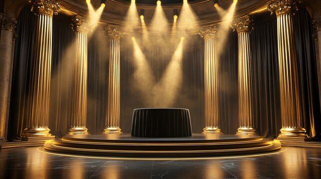 Luxurious Award Ceremony Stage with Black Velvet and Gold Trims. Copy space. Generative AI