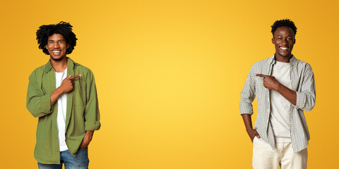 Check This. Two Cheerful African American Guys Pointing In The Middle On Beige Studio Background, Happy Black Male Friends Demonstrating Free Copy Space For Design Or Advertisement, Panorama