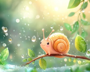 A cute pastel snail gracefully crawling on a small branch