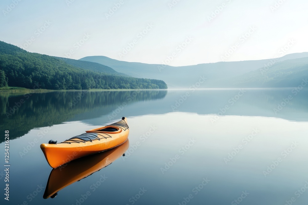 Poster lone orange kayak floating on a tranquil mountain lake surrounded by lush greenery in the early morn