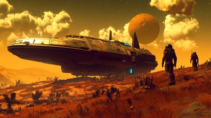 Exploring an alien landscape with a spacecraft under an orange sky and distant moon