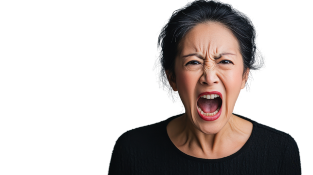 Angry senior asian woman shouting with transparent background