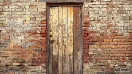 Weathered wooden door set in an old brick wall.