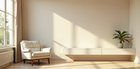 Fototapeta premium Relaxing beige living room setting, armchair by floating shelf, blank wall, beige, sofa