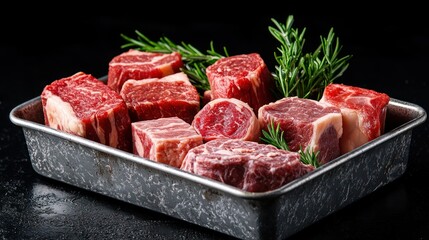 Raw beef cuts in metal tray, rosemary garnish