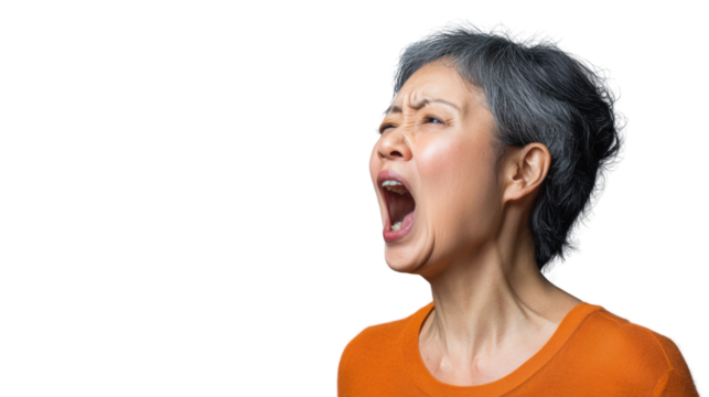 Angry senior woman shouting with transparent background